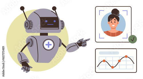 Robot pointing at users photo, facial recognition interface, and graphs showing analysis data. Ideal for AI, technology, automation, analytics, biometric security data processing education. Offers