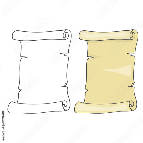 Old parchment scroll illustration set in outline and colored version, vintage paper design for invitations, treasure maps, and ancient documents.

