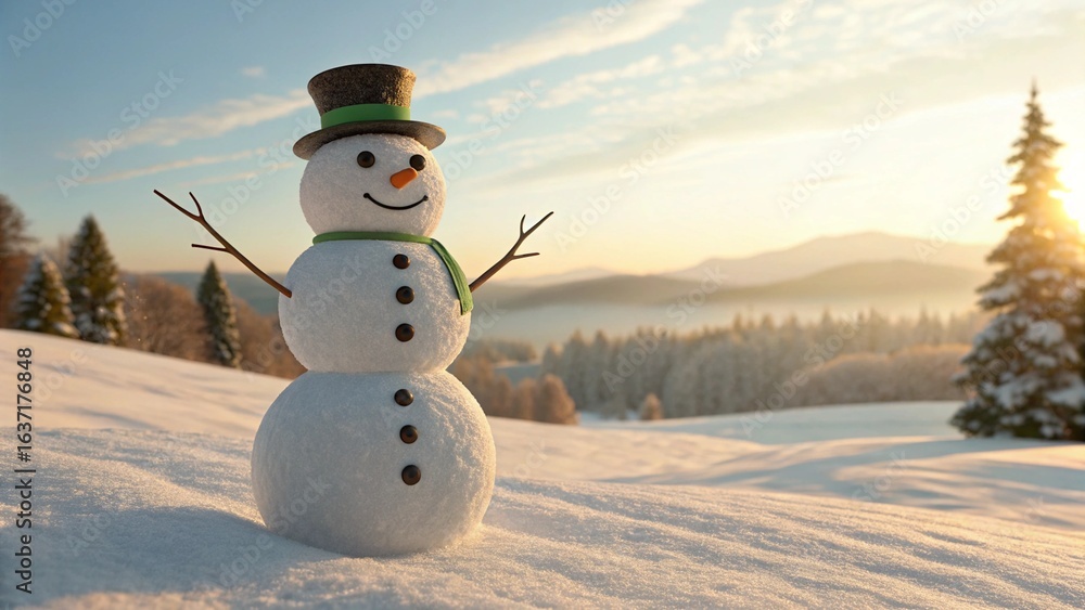 Obraz premium A joyful snowman with a green scarf and top hat stands in a stunning winter landscape, with rolling hills and a forest bathed in the warm, golden light of the setting sun. 