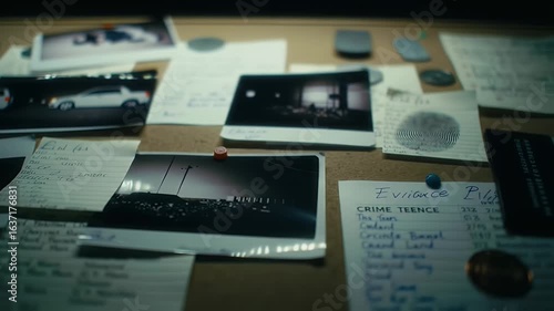 Cluttered Evidence Board with Crime Scene Photos and Notes Under Somber Lighting Investigative Case Study