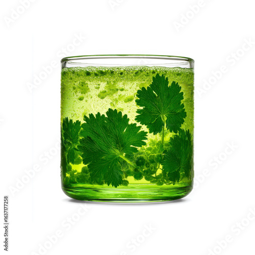Refreshing Green Herbal Drink in Glass with Cilantro Garnish