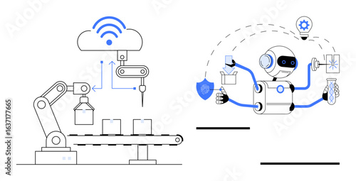 Robotic arm on conveyor belt performing tasks with AI-powered robot connected to cloud. Ideal for automation, industry 4.0, AI, IoT, smart factories, efficiency technological progress. Simple flat