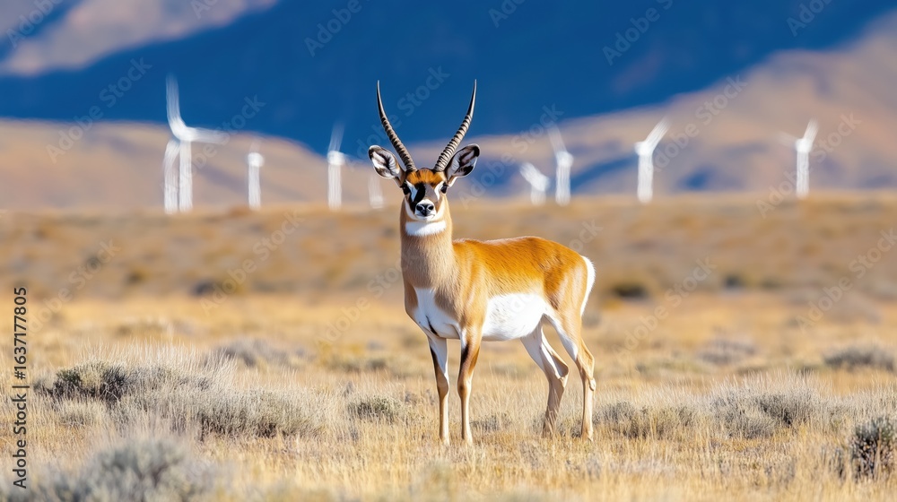 Fototapeta premium Pronghorn Antelope Herd Among Windmills