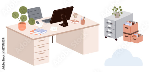 Organized office desk with computer, stationery, plants, and decor alongside file storage and boxes. Ideal for productivity, organization, remote work, office design, creativity planning simple