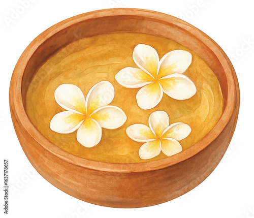 Wooden bowl with herbal water and floating plumeria flowers watercolor