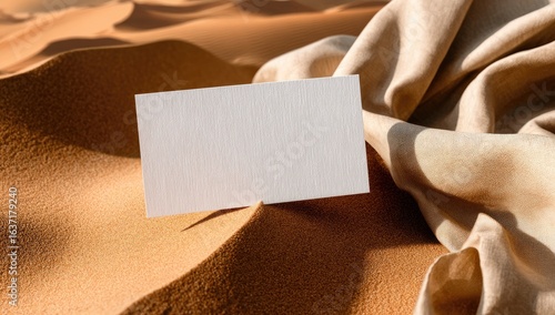Blank card in desert sand dune, fabric backdrop, sunlit, mockup
