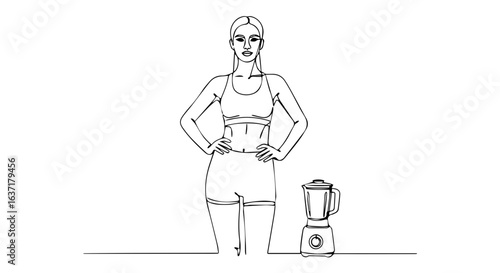 Slim woman near blender depicted in single continuous line, showing healthy lifestyle. Healthy lifestyle is about balanced diet and fitness for mental and physical well being.