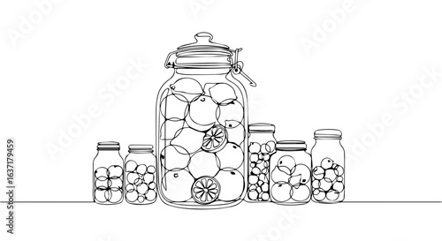 Line art of jars with fruits and vegetables. Collection of jars shows fruits: oranges and vegetables, line art. Food in jars line art concept for grocery store promotion, or restaurant flyer,