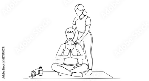 Yoga lesson with instructor guiding woman in lotus position, demonstrating yoga pose. Private yoga lesson from qualified trainer for better performance and body strength.