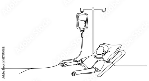 Person receiving IV treatment in hospital, depicting intravenous therapy and medical care. Patient receiving IV treatment needs intensive medical care. This IV treatment symbolizes illness, recovery,