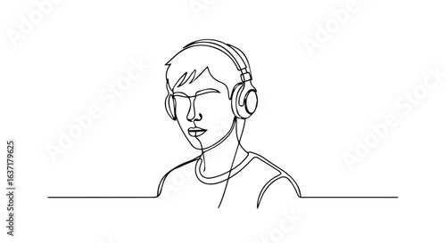 Man wearing headphones in minimalist line drawing, showcasing single line art. Art style features modern design with linear depiction of subject using headphones.