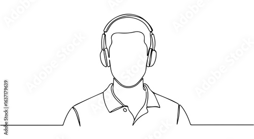Continuous line drawing of person wearing headphones, minimalist sketch. Person wearing headphones, simple artistic portrayal of figure with audio gear, creating music or listening to podcast.