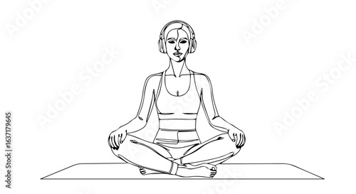 Woman in lotus position in line art style sitting on yoga mat for meditation, listening music. Yoga pose includes headphones for relaxation and mental health. Concept yoga pose for mindfulness.