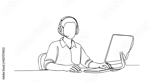 Continuous line drawing showing customer service representative wearing headset working on computer, line drawing. This line drawing illustrates support assistance and connection with customers.