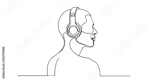 Profile line art with listening headphones showcases continuous line drawing of head, neck, and upper chest. Elegant continuous line portrait, headphones enhance artistic simplicity,