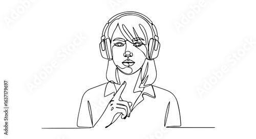 Single line drawing of a woman with headphones listening to music with finger up to lips to signal shushing. Single line art showing portrait of woman with headphones.