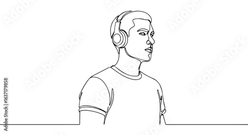 One line drawing of man with headphones listening to music in a modern design. Enjoying music includes portrait of young guy with earphones listening to audio content and looking forward.