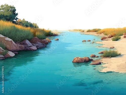 Serene River Landscape Calm Water, Rocks, and Lush Vegetation