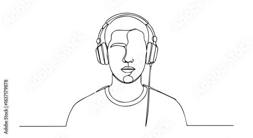 Continuous line drawing of man listening music with headphones for relaxation. Headphones connect youth with contemporary sounds, providing escape and inspiration.