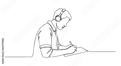 Continuous line drawing shows student writing exam while listening with headphones. Exam preparation requires focus, and the student is concentrating with intent.