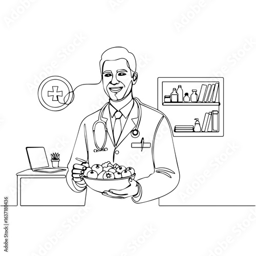 Diet doctor is smiling and holding fruits, standing in clinic interior, presenting a healthy nutrition choice. Diet doctor offers a bowl of fresh produce, promoting well being and vitality.