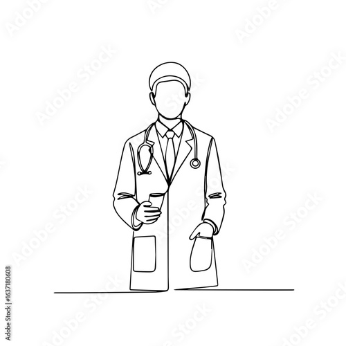 Line art depicting diet doctor with lab coat and stethoscope holding beverage. Diet doctor is a medical professional, standing confidently.