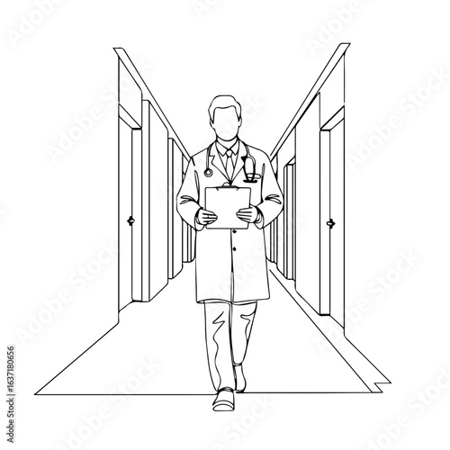 Diet doctor walks down bright hospital hallway with clipboard. Diet doctor is on approach to a patient's room, consultation awaits, lab coat is flowing.