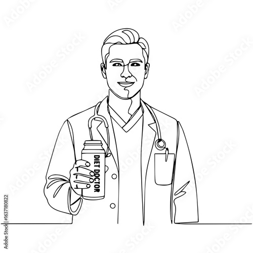 Diet doctor offering nutritional advice with protein shake in hand, drawn in a single continuous line. Diet doctor with stethoscope and lab coat,