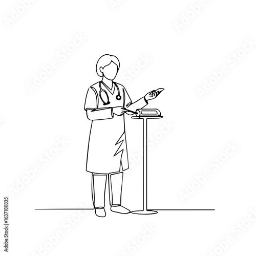 Professional diet doctor stands at podium, ready to present information. This diet doctor gives medical consultation, emphasizing weight loss and healthy lifestyle.