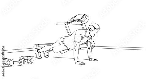 Fitness at home displayed in a simple illustration of man doing pushups near a treadmill. Fitness at home, training indoors showcases workout routine for healthy lifestyle and well being.