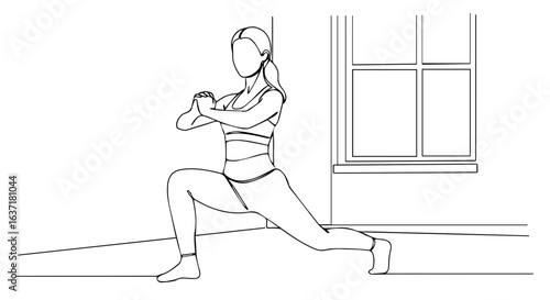 Fitness at home with woman doing lunges in workout gear, creating healthy habits. Doing lunges is fitness at home. Fitness at home can mean achieving personal wellbeing,
