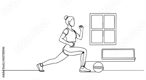 Fitness at home with determined woman working out in her living room. Fitness at home routine includes dumbbell exercises and lunges for core strength, flexibility, and cardio training.