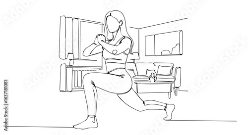 Fitness at home depicted through a line art illustration of a woman performing lunges in her living room. Showcasing fitness at home,