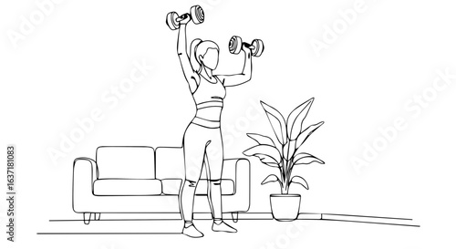 Fitness at home with dumbbells shown in black and white, person is doing exercises for arms and shoulder muscles. For fitness at home shown plant, couch, floor, dumbbell.