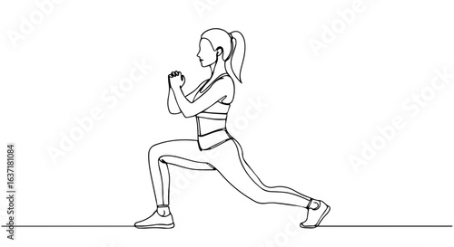 Fitness at home workout with sporty woman doing lunges, bodyweight exercise in minimalist sketch. She demonstrates fitness at home lunges, a key part of her regular training.