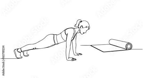 Fitness at home workout scene of woman doing plank exercise. Fitness at home plank routine shows woman working out at home with yoga mat, training with core exercises and building strength.