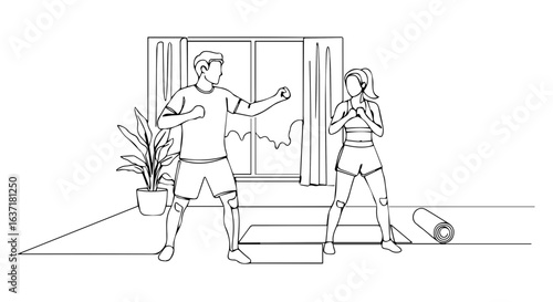 Fitness at home workout session for couple. Man and woman doing exercises together in living room. Fitness at home routine includes stretching and simple movements.