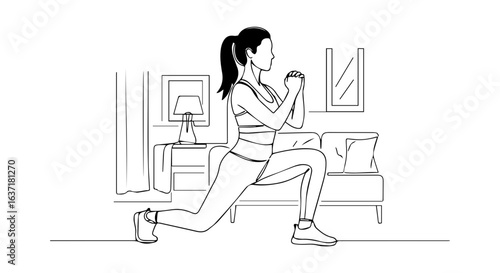Fitness at home workout routine with woman doing lunges in living room. Home fitness includes simple exercises like lunges and squats.  Concept fitness at home for wellness and healthy lifestyle.