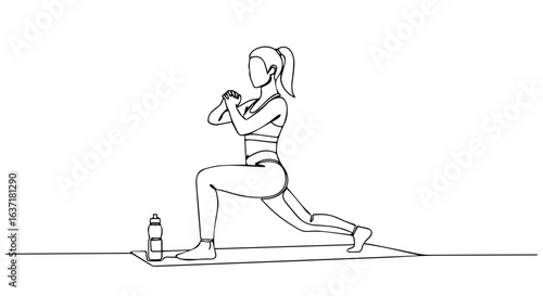 Fitness at home workout session with young woman doing lunges on mat.  Fitness at home routine includes stretching exercise and water bottle. Simple fitness at home concept for health blog,