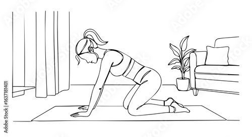 Fitness at home workout routine, woman doing cat cow pose on yoga mat in living room. Fitness at home exercise for flexibility and strength. Fitness at home improves physical and mental health.