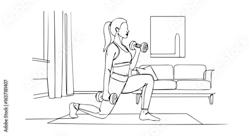 Fitness at home workout with dumbbells. Woman doing lunges and biceps curls in living room. Fitness at home routine includes strength training exercise.