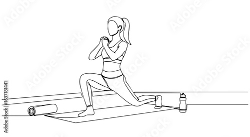 Fitness at home workout routine with woman doing yoga pose.  Home detox fitness includes stretching exercises and mindful breathing. Simple fitness at home concept for wellness blog or fitness app.