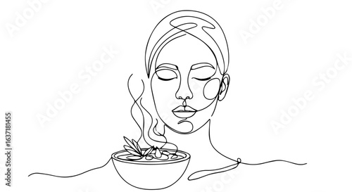 Woman enjoying healthy detox soup. Simple line art illustration shows woman peacefully inhaling steam from bowl of soup. Concept detox illustration for wellness blog or spa menu.