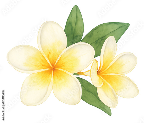Plumeria flowers with green leaves watercolor