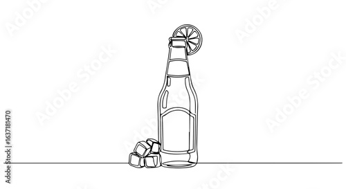 Refreshing beverage bottle with ice cubes and lemon slice.  Cool drink in glass bottle, perfect for summer thirst quencher.  This refreshing beverage illustration is ideal for menu design,