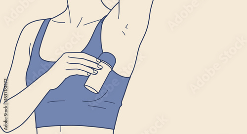 Flat vector illustration of a person’s hand applying roll-on deodorant to their armpit, close-up woman torso view with tank top