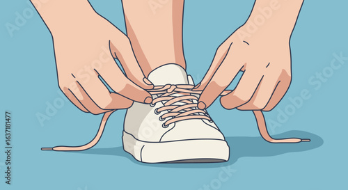 Flat vector illustration of human hands tying the shoelaces of a sneaker, close-up view, minimalist design, soft pastel colors