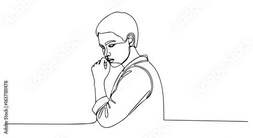 Pensive person in one line drawing. Thoughtful person sitting at desk, contemplating life choices or work challenges. Minimalist line art illustration perfect for wellness blog or mindfulness app.