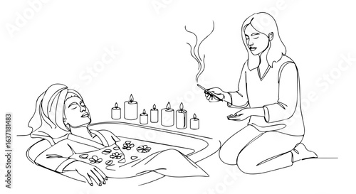 Relaxing detox spa treatment with aromatherapy and candles. Woman enjoying wellness ritual, detoxifying bath with essential oils and flowers.