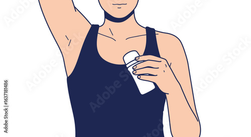 Flat vector illustration of a person’s hand applying roll-on deodorant to their armpit, close-up torso view with singlet